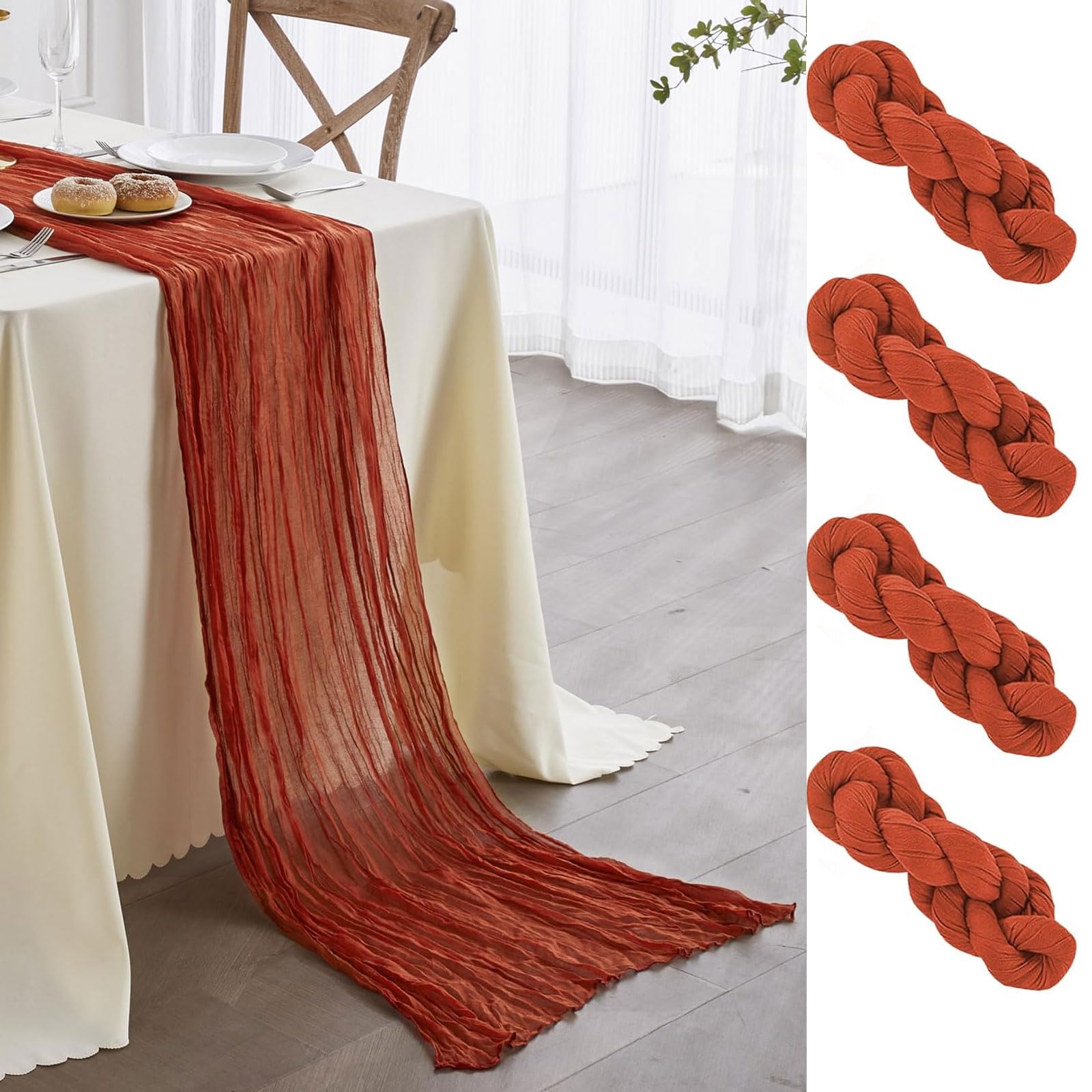 Newthinking 4 Packs Cheesecloth Table Runner, 10 ft Red Cheesecloth Table Runner, Rustic Gauze Fabric Table Runner for Wedding Table Decoration Holiday Partluey, 90X300CM