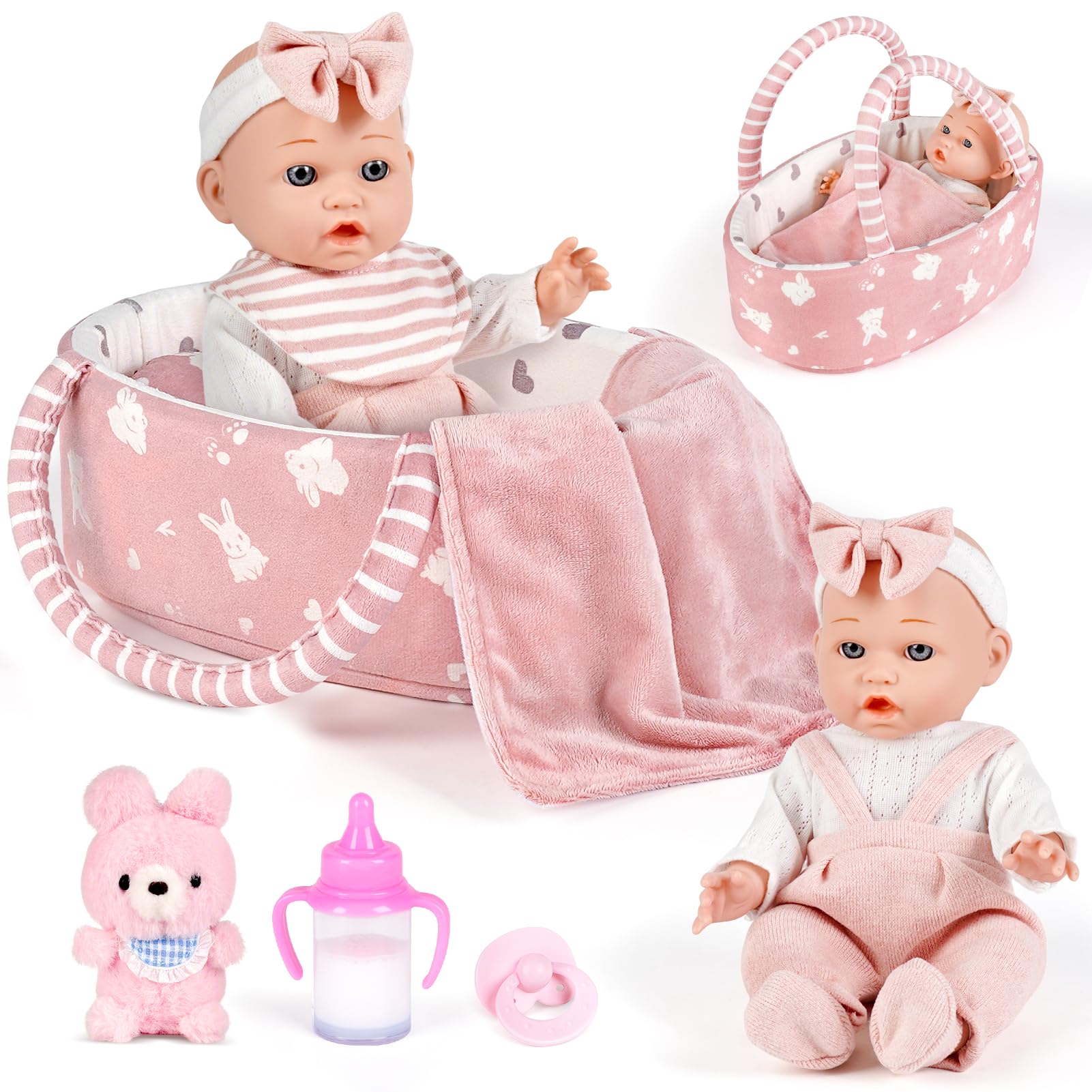 Photo 1 of Dreamon 12'' Baby Doll Playset with Carrier Bassinet Bed, 11PCS Baby Doll Accessories Includes Pacifier, Blanket, Pillow, Diaper, Pretend Play Set Baby Doll Care Toys Gifts for Kids Girls