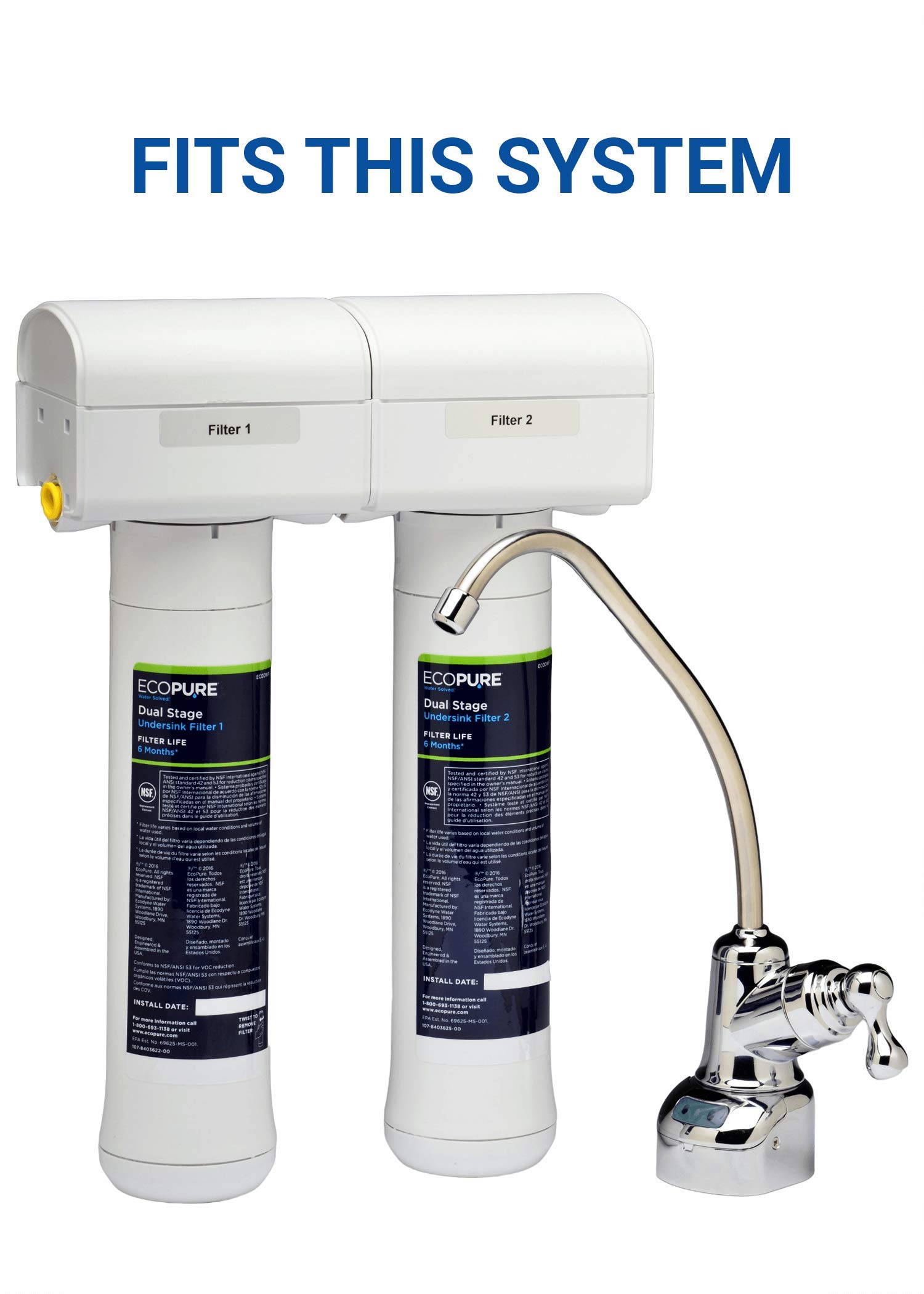EcoPure Dual Stage Under Sink Replacement Water Set (ECODWF) | NSF Certified | Fits ECOP20 System | 6-Month Filter Life, 2 Count (Pack of 1)