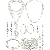 BBTO 8 Pcs Pearl Necklace and Earring Set for Women Faux Pearl Bracelet Costume Jewelry Set for Wedding Bridal Shower Party