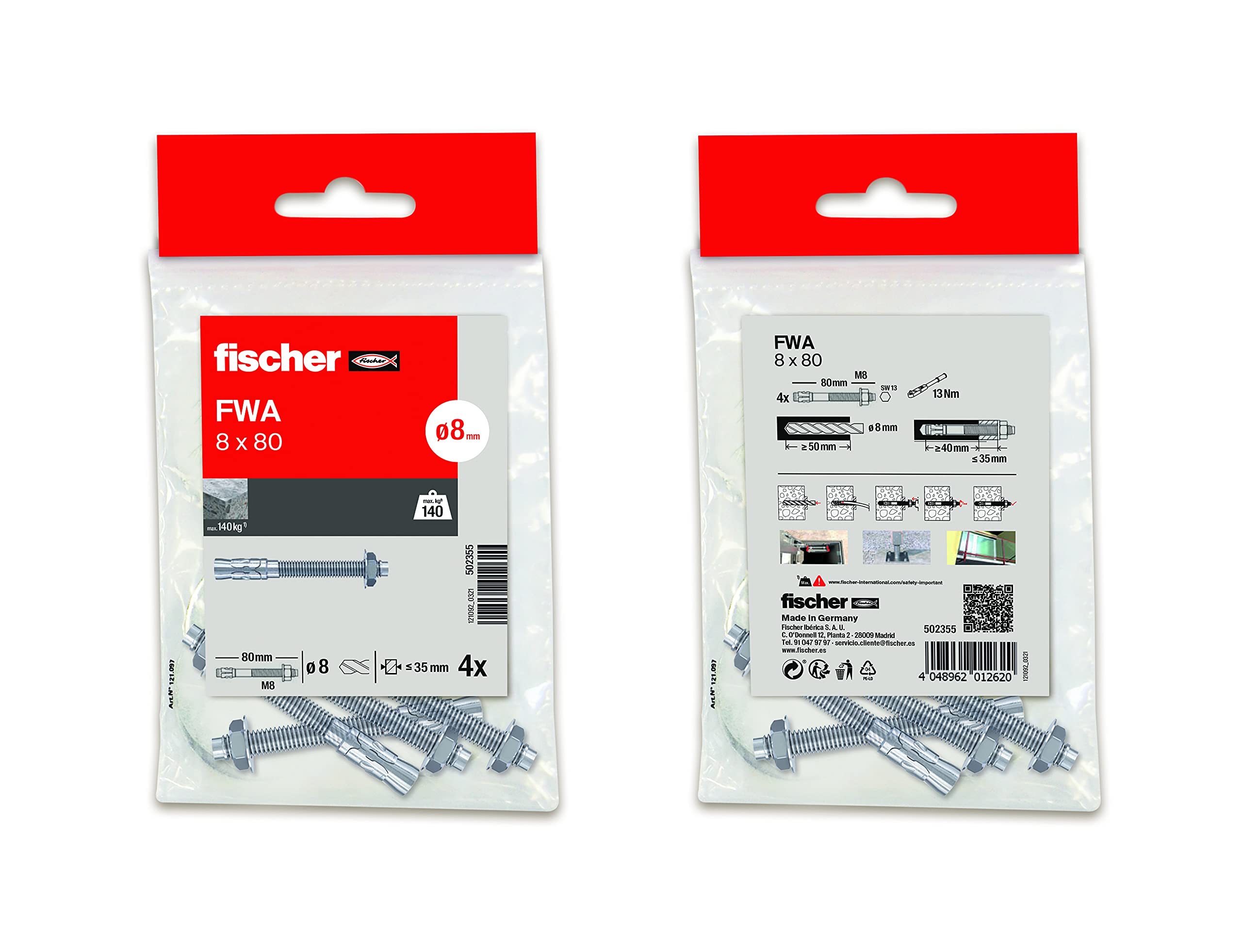 fischer - Anchors Metal Expansion for Concrete, Expansion Anchor Bolts, Bag 4 pcs FWA 8x80