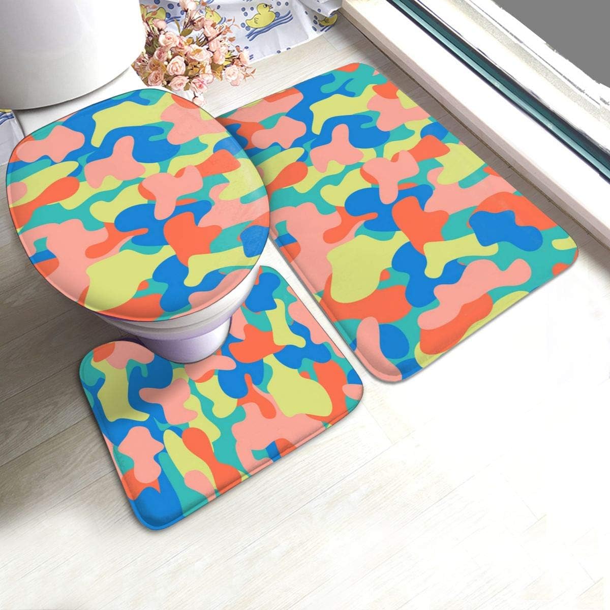 Amazon Com Yunshm Camouflage Seamless Pattern In A Blue Green Pink Bathroom Rugs Carpet Mats U Shaped Toilet 3 Piece Bath Mat Set Non Slip For Indoor Contour Rug Customized Home Kitchen