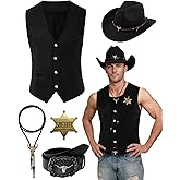 WooHand 5 Pcs Western Outfits for Men Cowboy Suede Leather Vest Hat Necktie Buckle Belt Sheriff Badge for Halloween Costume