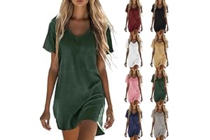 Linen Cotton Dress for Womens Summer V Neck Short Sleeve Sundress Loose Fit Midi Dresses Casual Vacation T Shirt Dress