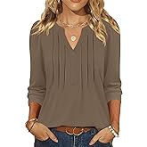 LOMON 3/4 Length Sleeve Womens Tops Pleated Puff Sleeve V Neck Work Blouses for Women Dressy Casual Spring Summer Clothes