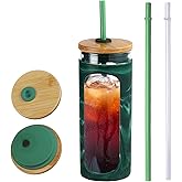 Kodrine 20oz Glass Tumbler with Straw and Lid, Iced Coffee Cups with Bamboo Lids, Glass Cups for Cold Drinks, Smoothie Cup with Silicone Sleeve for Travel, Work, BPA FREE-Green