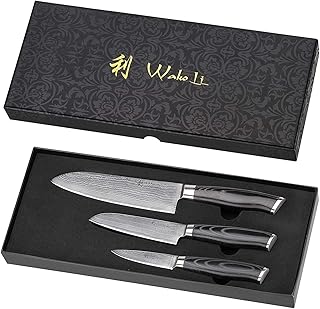 Wakoli Mikata Damastmesser Profi Set, sehr hochwertige Japanische Kochmesser, rasiermesserscharfe Klinge, 3 Damast Küchenmesser VG-10