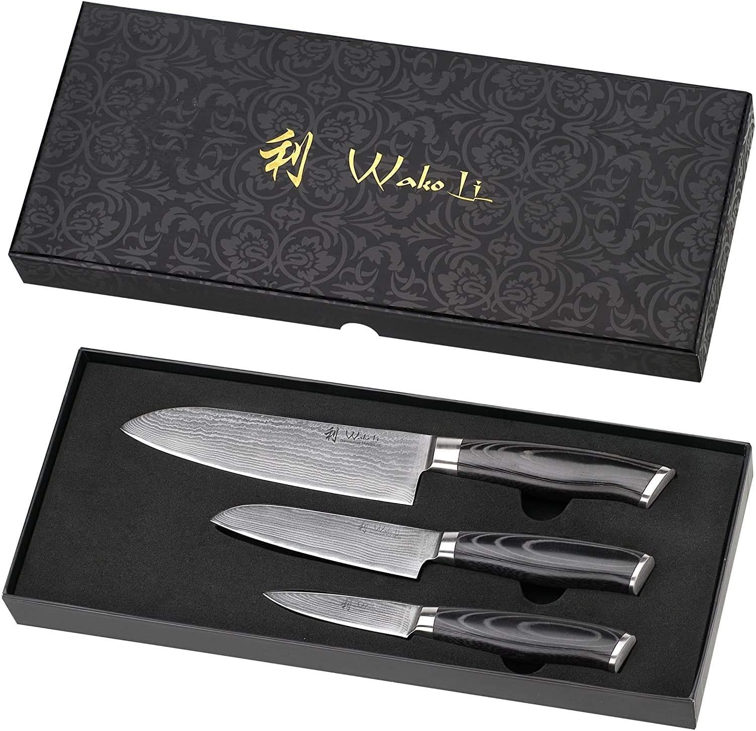 Wakoli Mikata Damastmesser Profi Set, sehr hochwertige Japanische Kochmesser, rasiermesserscharfe Klinge, 3 Damast Küchenmesser VG-10