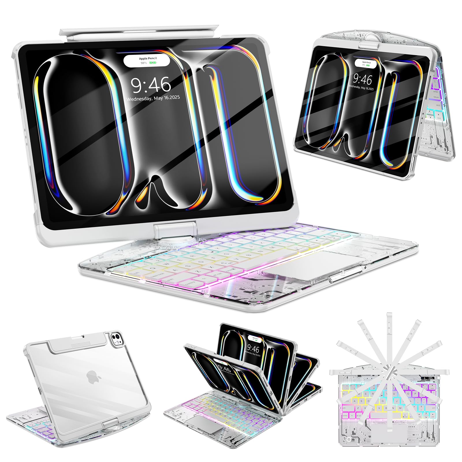 Photo 1 of SIBEITU Keyboard Case for iPad Pro 11 Inch (M5 2025 / M4 2024), 360 Rotatable iPad Pro 11 Clear Cover with Multi-Touch Trackpad, 7-Color Backlight & 3 Brightness, High-Tech Visible PCB Design, White