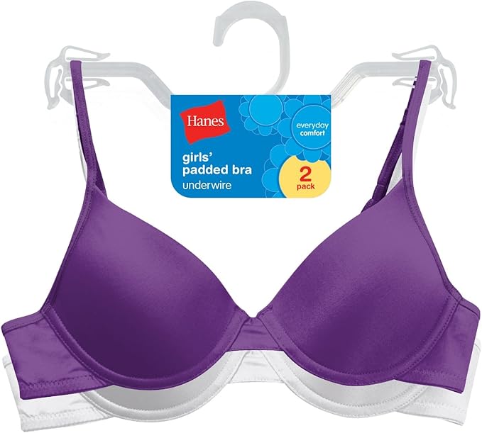 Hanes H126 Girls Padded Underwire Bra 2Pack Size 3044; White and Vibrant Grape at Amazon Women