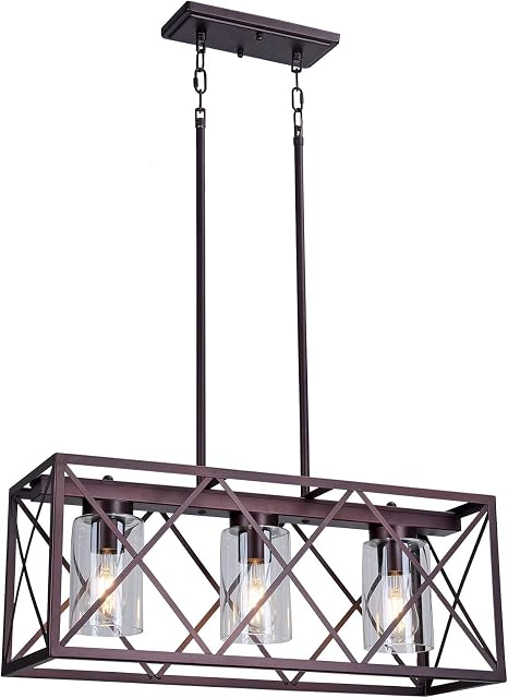 Amazon Com Melucee 3 Light Dining Room Lighting Fixtures Hanging Farmhouse Pendant Lighting For Kitchen Island Vintage Rustic Rectangle Chandelier Oil Rubbed Bronze Finish With Clear Glass Shade Home Improvement