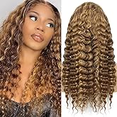 Alidiamond 16Inch Highlighted Deep wave Lace Front Wig Human Hair Honey Blonde Highlight Deep Wave Wigs Human Hair 4/27 Curly Highlighted Wig for Black Women Pre-Plucked 180% Ombre Curly Wigs Glueless