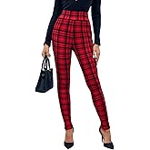 WDIRARA Women's Plaid Leggings High Waisted Skinny Pants Tummy Control Yoga Pants