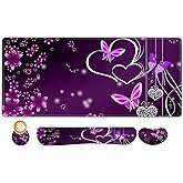 ARTSO Large Gaming Mouse Pad, Keyboard Wrist Rest Pad & Wrist Support Mousepad Set, Stitched Edge, Extended, Non-Slip Base, Memory Foam Desk Mat for Office, Home, Purple Heart Butterfly