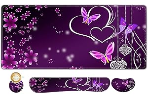 ARTSO Large Gaming Mouse Pad, Keyboard Wrist Rest Pad & Wrist Support Mousepad Set, Stitched Edge, Extended, Non-Slip Base, Memory Foam Desk Mat for Office, Home, Purple Heart Butterfly