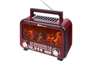 T.TAOMI Retro Portable Radio AM FM SW Shortwave Radio with Bluetooth Speaker,Flame Atmosphere Lamp Battery Operated,SUB Charging, TF Card (Maroon)
