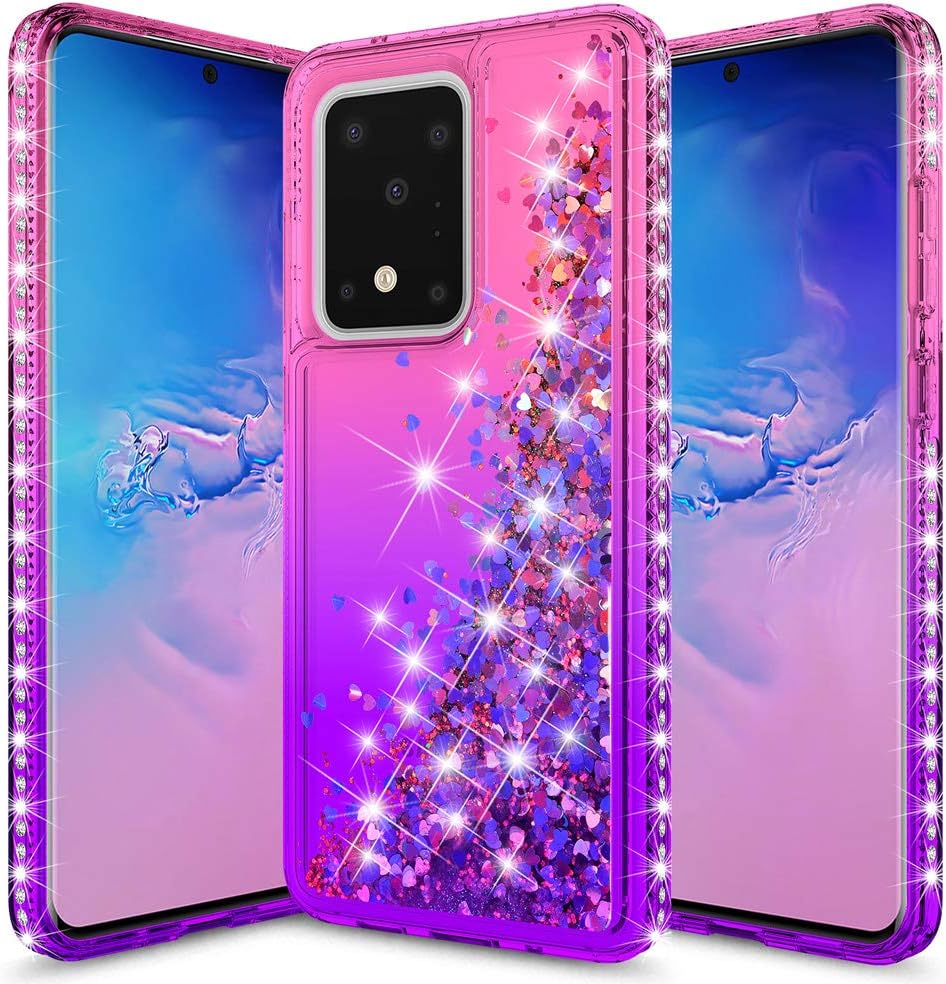 Telegaming S20 Ultra Case, S20 Ultra Glitter Case for Women and Girls, Cute Flowing Bling Stars Quicksand Clear Soft TPU and Hard PC Back Phone Case for Samsung S20 Ultra 5G, Pink to Purple