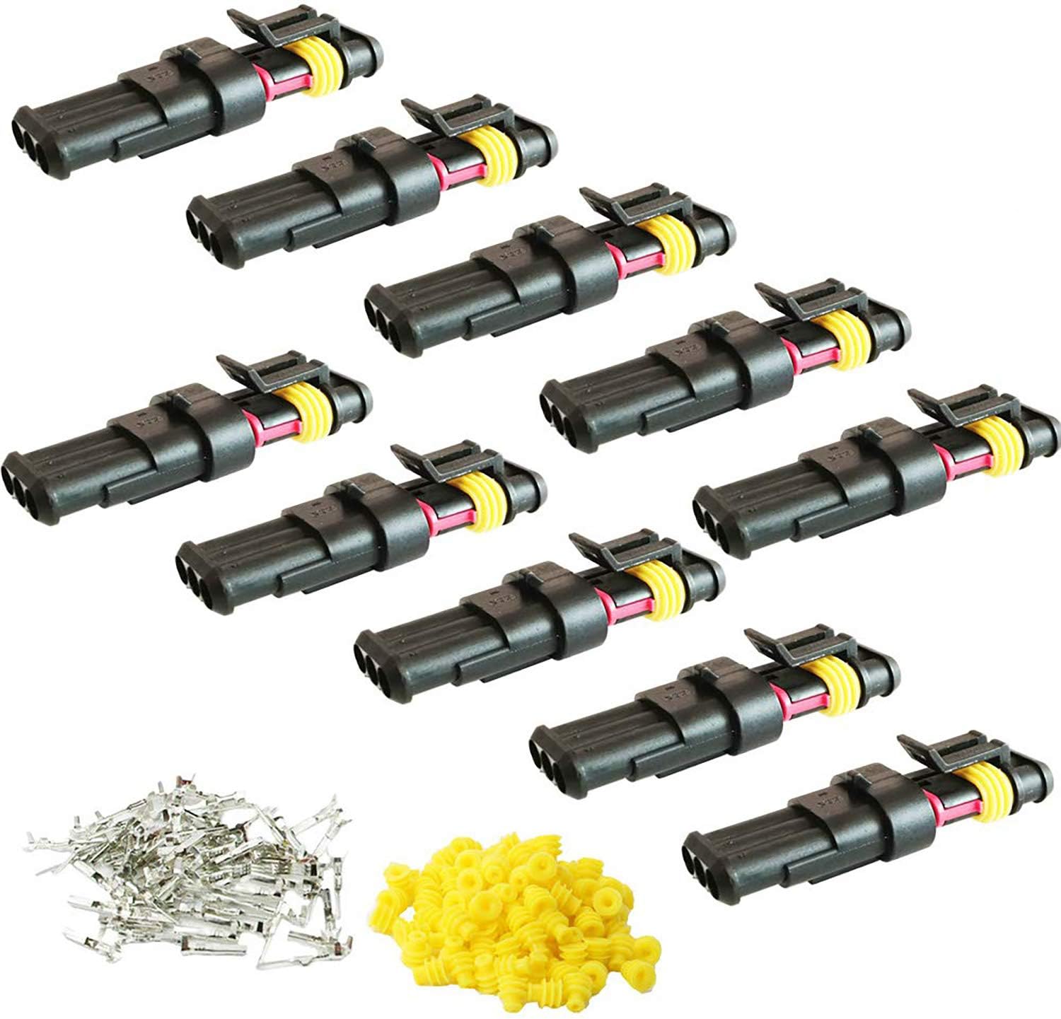 CESFONJER Car Wire Connector | Waterproof Electrical Terminal | Plug for Auto Motorcycle Scooter Truck Marine Plug Socket Kit | 3 Pin × 10 Kit