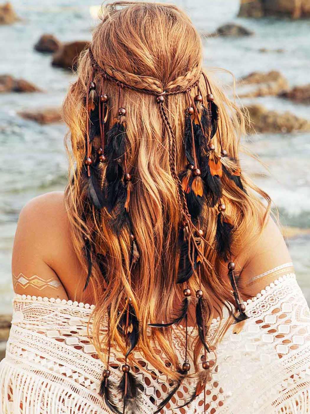 Zoestar Boho Feather Headband Indian Tribal Headpiece Feathers Tassel Hippie Headdress Festival Costume Hair Accessories for Women and Girls (B)