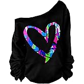 MAGICMK Woman’s Sweatershirt Lips Print Causal Blouse Off The Shoulder Long Sleeve Loose Slouchy Pullover Plus Size Tops