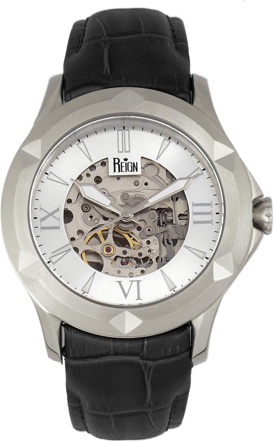 Reign Dantes Men's Automatic Black Genuine Leather Silver Watch