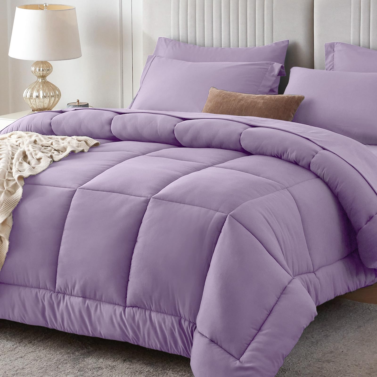 Sasttie Queen Comforter Set, 7 Pieces Bed in a Bag Queen, Complete Bedding Set Includes Comforter, Flat Sheet, Fitted Sheet, Pillowcases and Pillow Shams, Violet Image Sasttie Queen Comforter Set, 7 Pieces Bed in a Bag Queen, Complete Bedding Set Includes Comforter, Flat Sheet, Fitted Sheet, Pillowcases and Pillow Shams, Violet Image