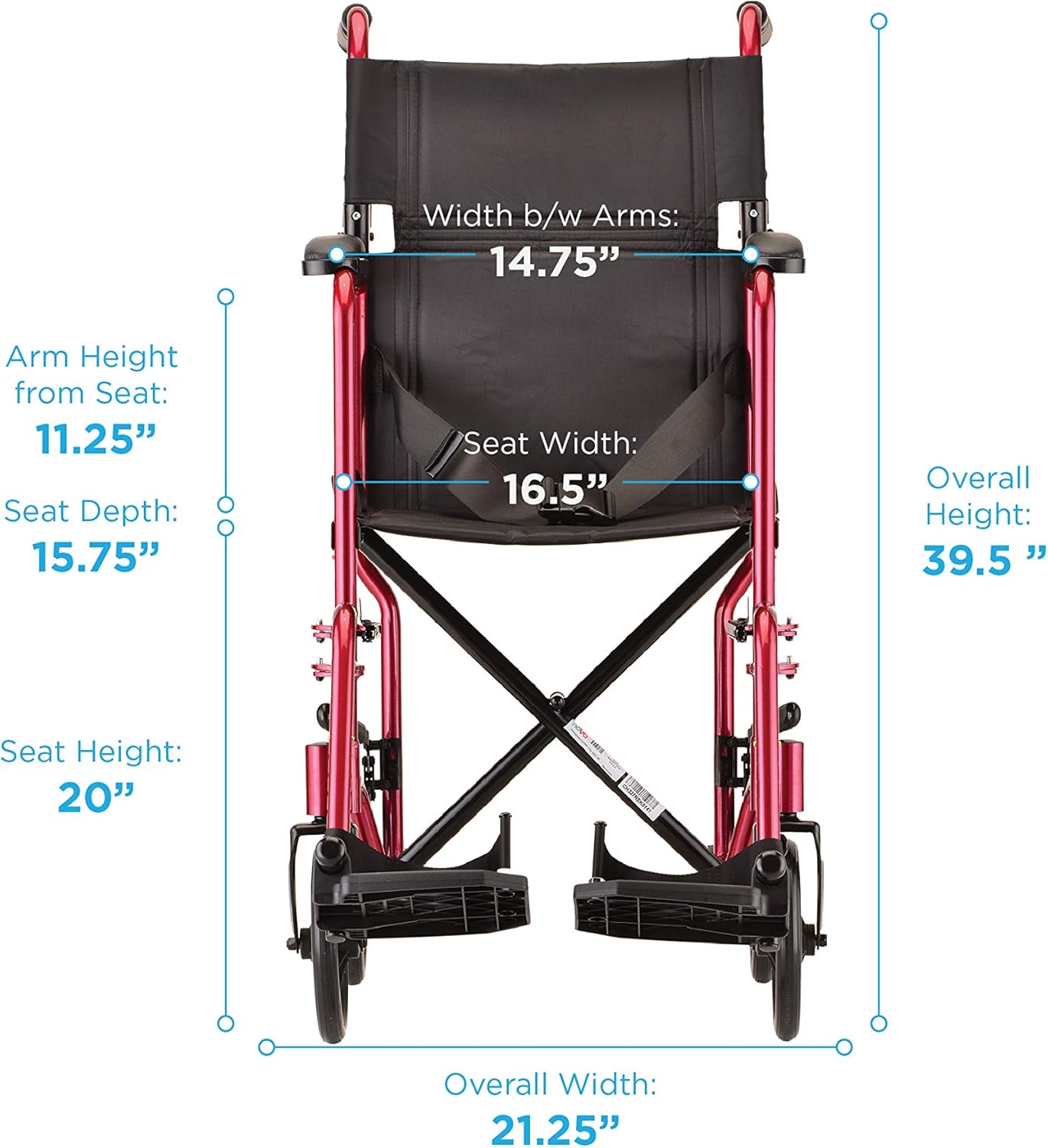 NOVA Medical Products Lightweight 327 Transport Chair, Folds Compact for Car Trunks and Storage, More Narrow Frame, Great for Travel, Color Red, 17": Health & Personal Care
