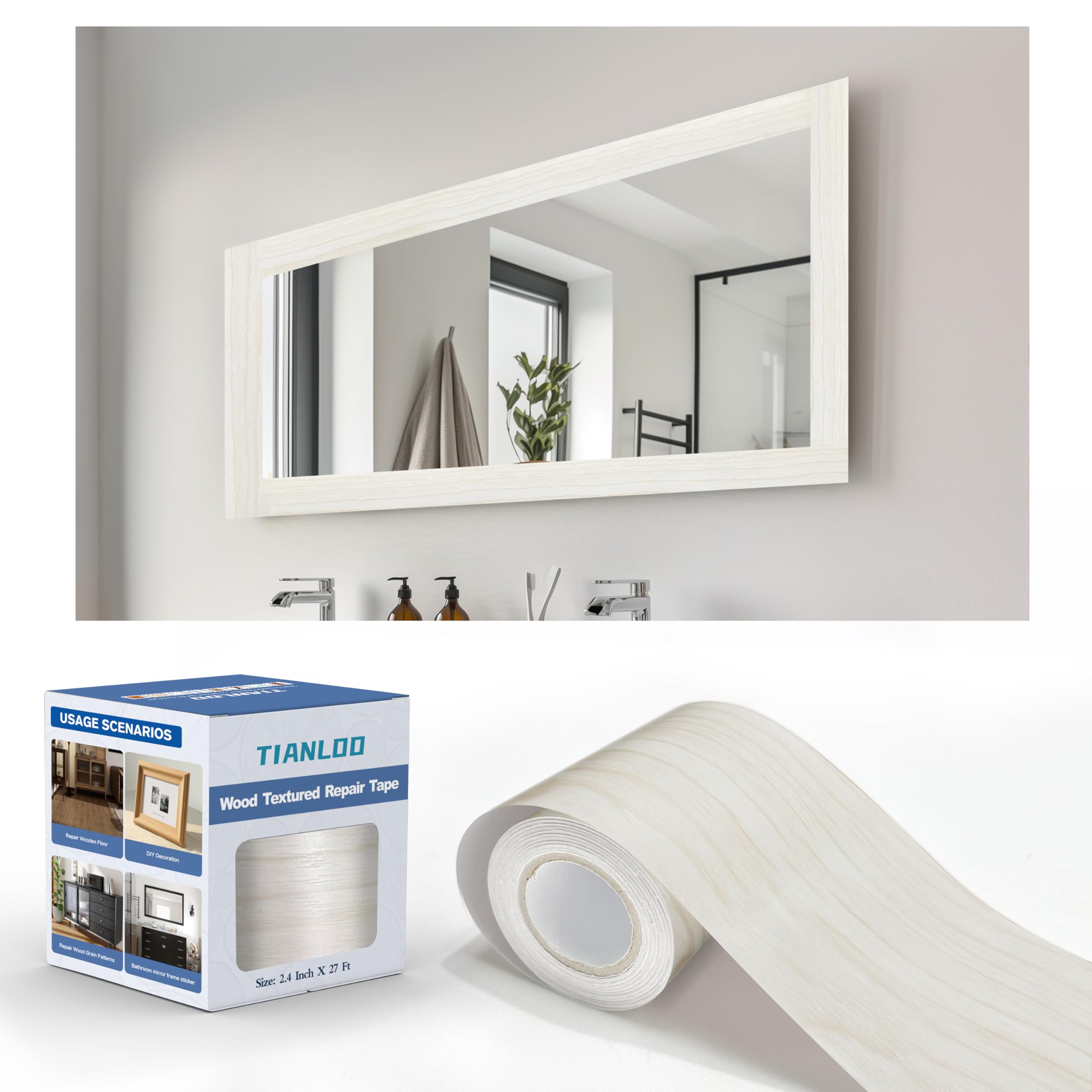 Photo 1 of TIANLDD 27 FT Wood Grain Wallpaper Border, Removable Waterproof Mirror Border Peel and Stick,Bathroom Mirror Frame Border.(White Oak)