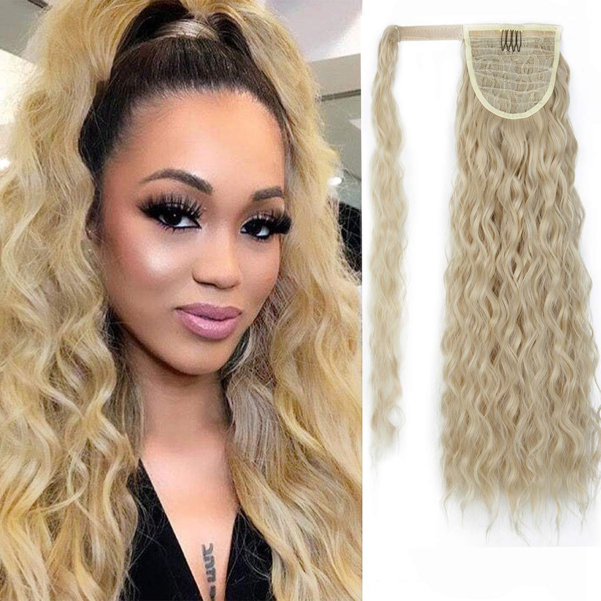 DODOING Kinky Curly Wrap Around Yaki Ponytail Extension Long Wavy Synthetic Hair Extensions Clip in Ponytail for Women Beauty and Fashion