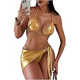 Verdusa Women's 3 Piece Metallic Halter Bikini Set Tie Backless Swimsuits with Cover Up Skirt Vacation Outfits