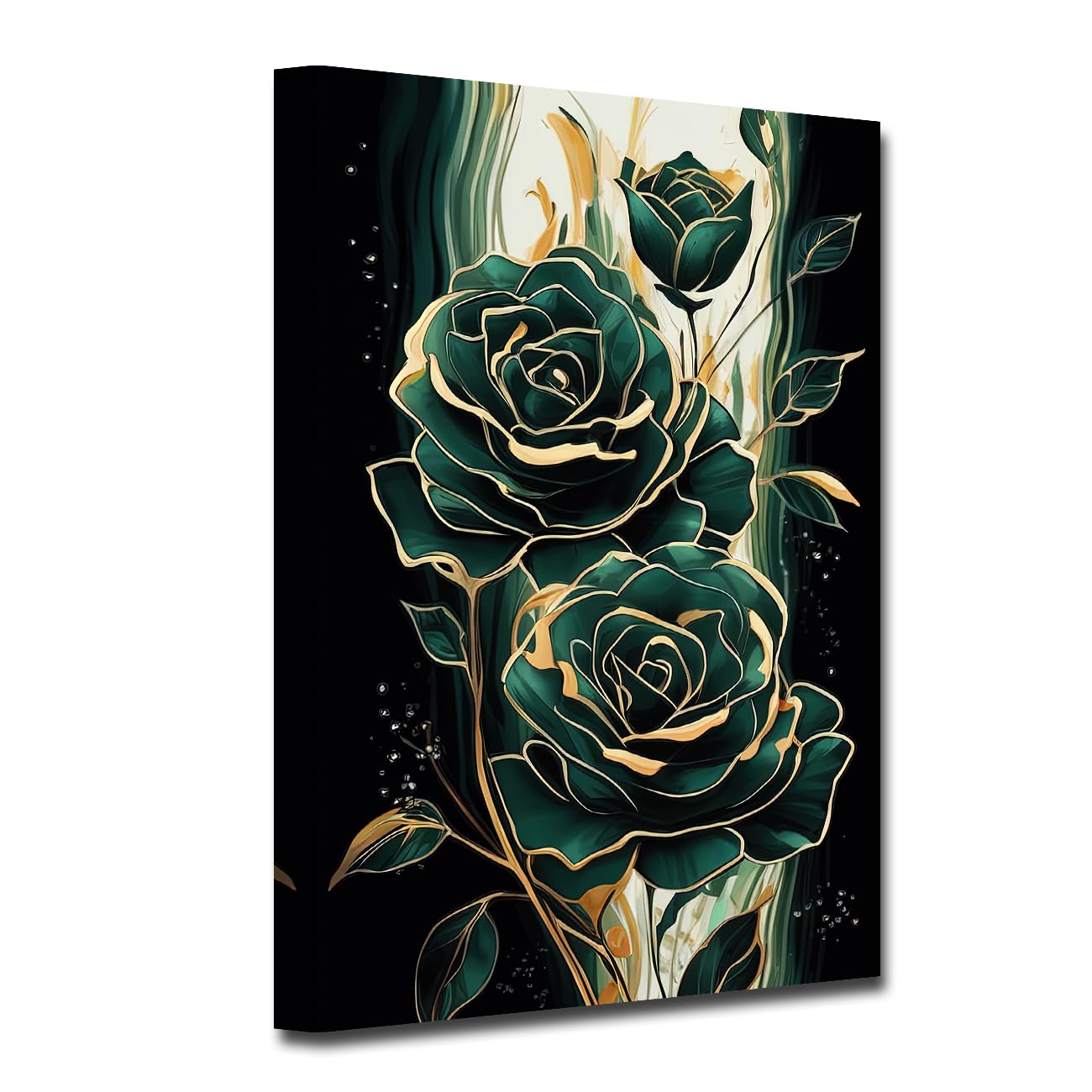 CXHOSTENT Emerald Green Flower Wall Art Abstract Green and Gold Canvas Prints Gold Emerald Rose Wall Decor Modern Floral Painting Home Decor Framed (Flower-2, 30.00 x 45.00 cms)