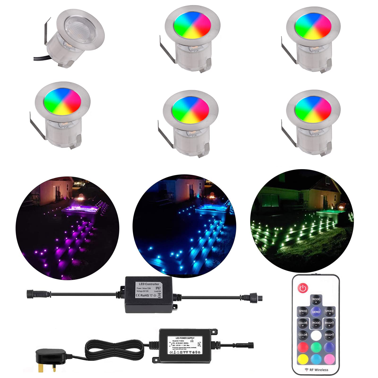 YZGWZLD RGB LED Decking Light, Waterproof Plinth Deck Lights,6 Packs Ø30mm High Brightness Buried Garden Light for Decking Lighting, Kitchen Plinths, Bathroom Lights, Saunas