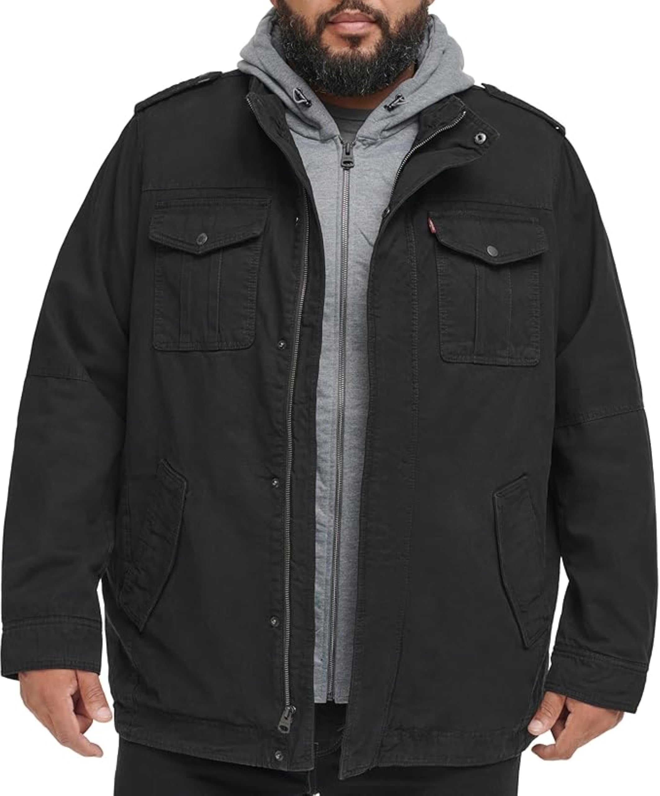 Levi's Men's Washed Cotton Military Jacket with Removable Hood (Standard and Big & Tall), Black, X-Large Tall Image