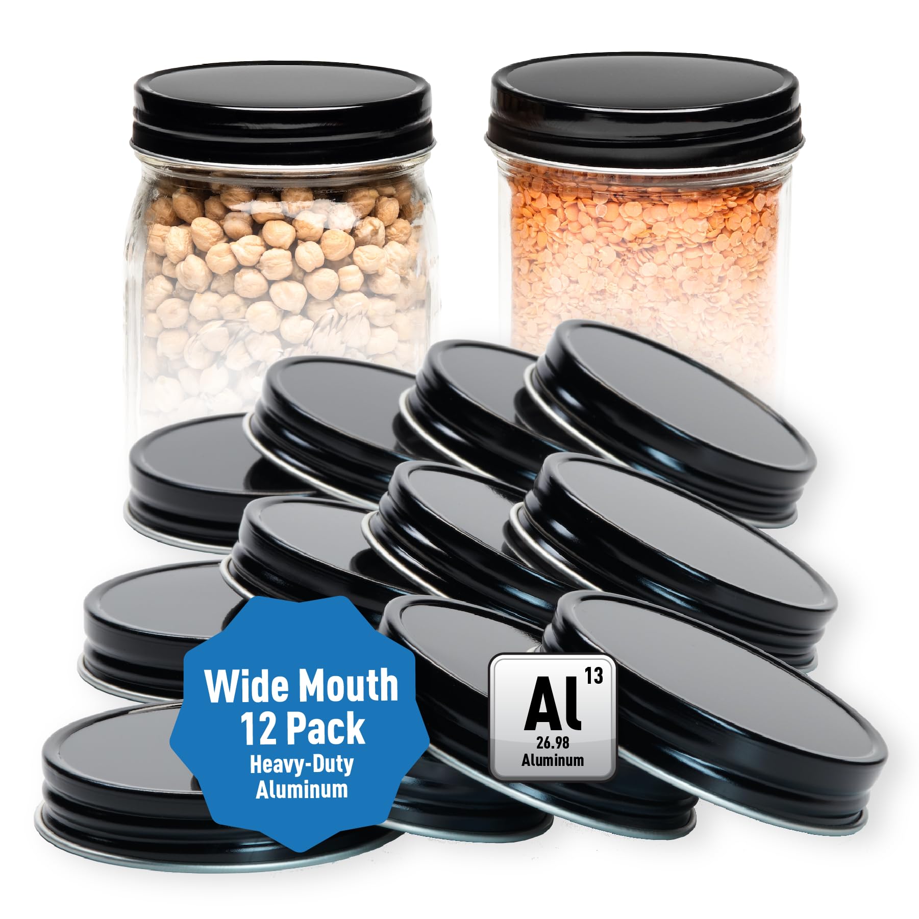 Wide Mouth Aluminum Metal Mason Jar Lids Leak-Proof 12-Pack (Black)