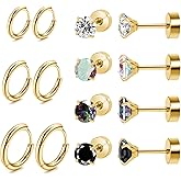 Titanium Earrings for Sensitive Ears - Flat Back Stud & Hoop Earrings Set, Hypoallergenic Surgical Stainless Steel Cubic Zirconia, 7 Pairs