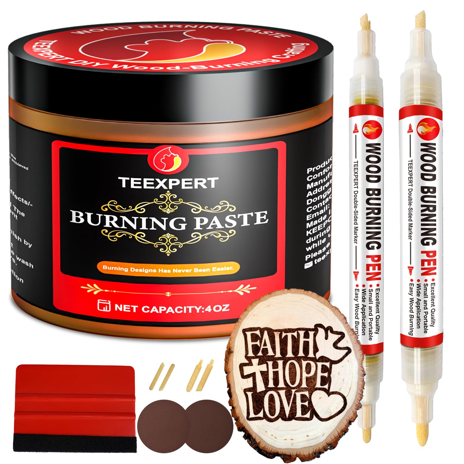 Teexpert Wood Burning Gel Pen Kit, 4 OZ Paste, 2 Double-Sided Scorch Pens, 4 Tips, Squeegee, Sandpaper for DIY Heat Sensitive Wood Crafts Suitable for Artists & Beginners