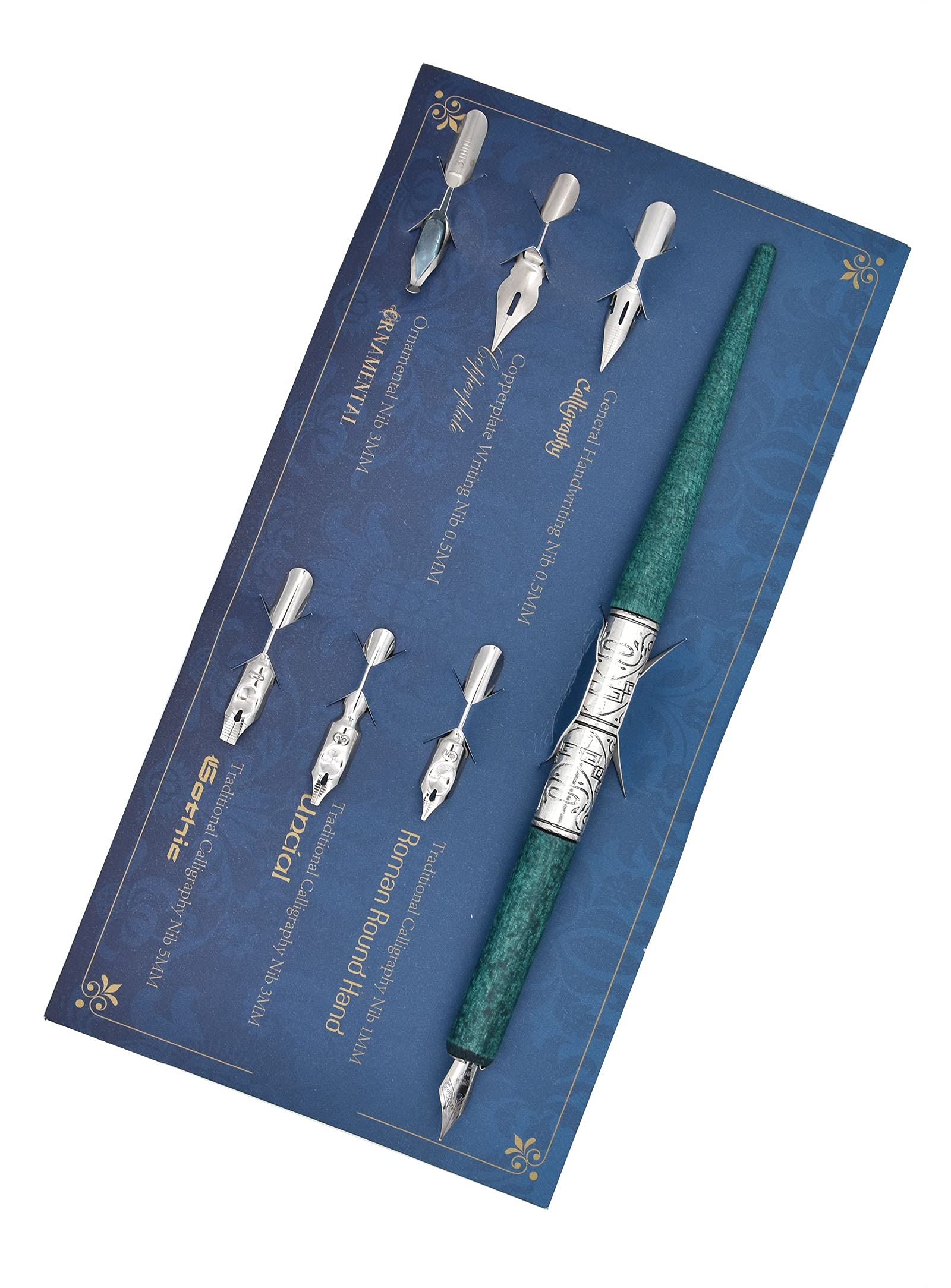 Gullor Wooden Dip Pen Calligraphy Set with Black Ink & 6 Nibs for Beginners, Kids, Writing, Signatures and Drawing, Ancient Silver