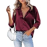 HOTOUCH Women Satin Silk Button Down Shirt Ladies Long Sleeve Tops V Neck Loose Blouse Dressy Business Casual Work Tunic Fall
