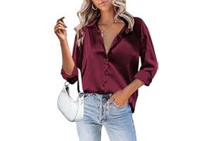 HOTOUCH Women Satin Silk Button Down Shirt Ladies Long Sleeve Tops V Neck Loose Blouse Dressy Business Casual Work Tunic Fall