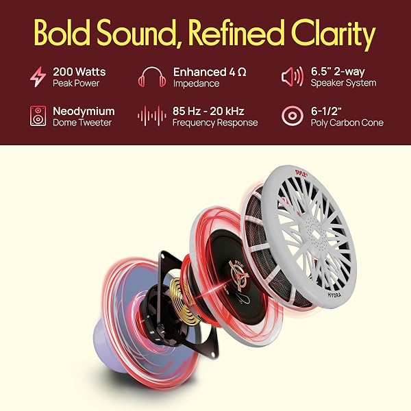 PYLE 6.5 INCH DUAL MARINE SPEAKERS – 2 WAY WATERPROOF AND WEATHER RESISTANT OUTDOOR AUDIO STEREO SOUND SYSTEM WITH 200 WATT POWER, POLY CARBON CONE AND BUTYL RUBBER SURROUND – 1 PAIR (WHITE)