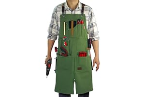 Stenffy Woodworking Apron, Tool Apron, Canvas, Multiple Pockets, Adjustable Zipper, Metal Ring, Tape Measure Clip, Plus Size, Olive