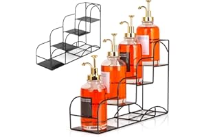 KIMILUS Syrup Rack for Coffee Bar Accessories, Iron 4 Compartment Bottle Organizer, Countertop Display Storage Shelf Bottle Stand, Metal Coffee Bar Organizer for Wine, Kitchen, Holds 4 Bottles