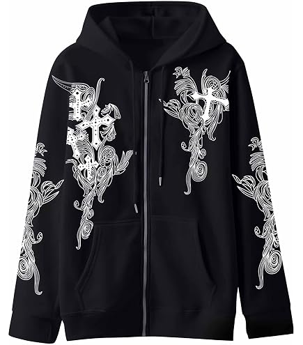 YUNZSXJY Womens Men Zip Up Grunge Hoodie Cross Print Jacket