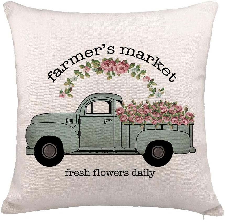 YOENYY Farmers Market Flower Truck Throw Pillow Cover Cushion Case for Sofa Couch Farmhouse Home Decor Cotton Linen 18" x 18"