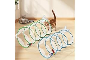 EggSun 2-Piece Spiral Cat Tubes for Indoor Cats, Large Collapsible Tunnel with Feather Mouse Interactive Toy (Green + Blue)