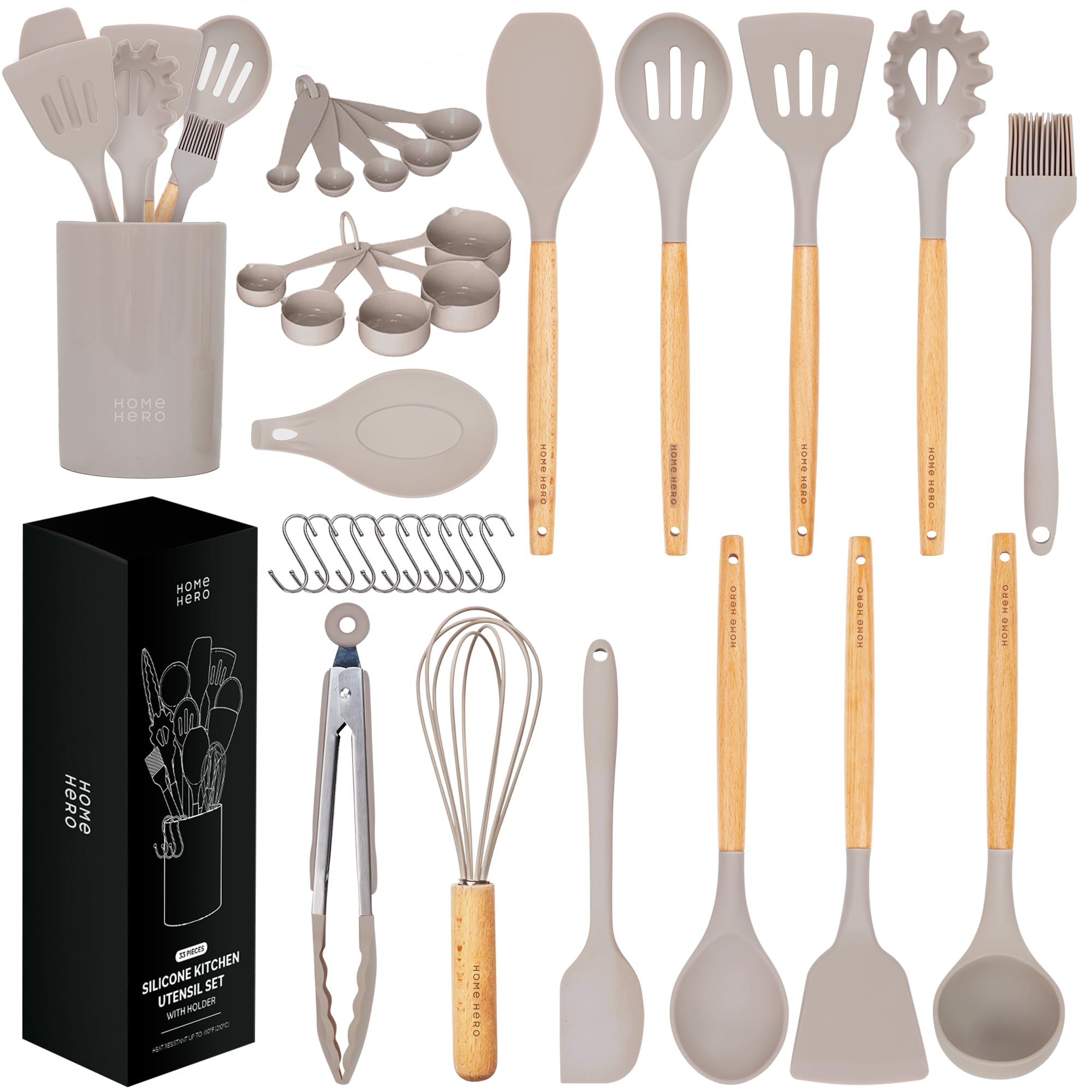 Kitchen Utensils Set - 33 pcs Non-Stick Heat Resistant Cooking Utensils Set - Spoons Turners Spatula Ladle Set - Kitchen Tools Gadgets Accessories Silicone Set - Stone — image 1