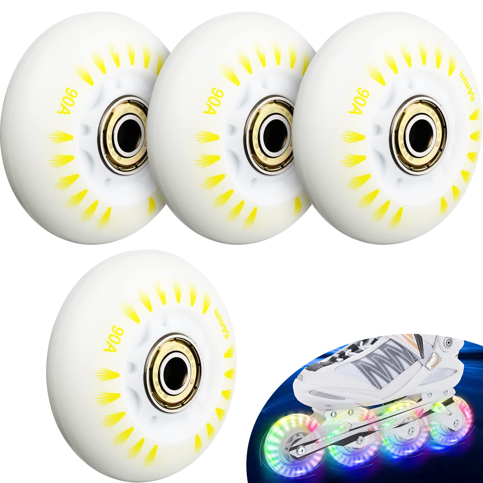 Photo 1 of Cosmos 4 Pack 64mm Light Up Inline Skate Wheels Flash Roller Skate Wheels, 90A Roller Blade Skating Replacement Wheel with ABEC-9 Bearings for Indoor Outdoor Inline Roller Skates (Rainbow Color Light)