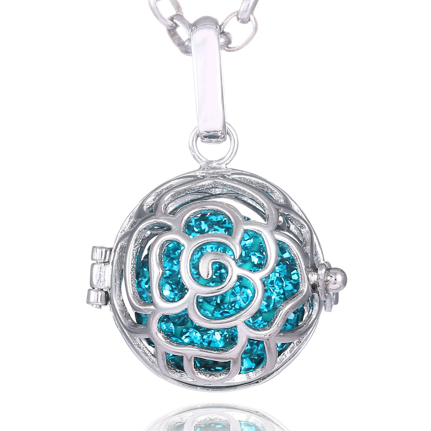 Morella Women Necklace Stainless Steel 70 cm 27,5" with Rose Flower Pendant with Sound Ball Zirconia Turquoise Ø 16 mm 0,63" in a Velvet Jewelry Bag