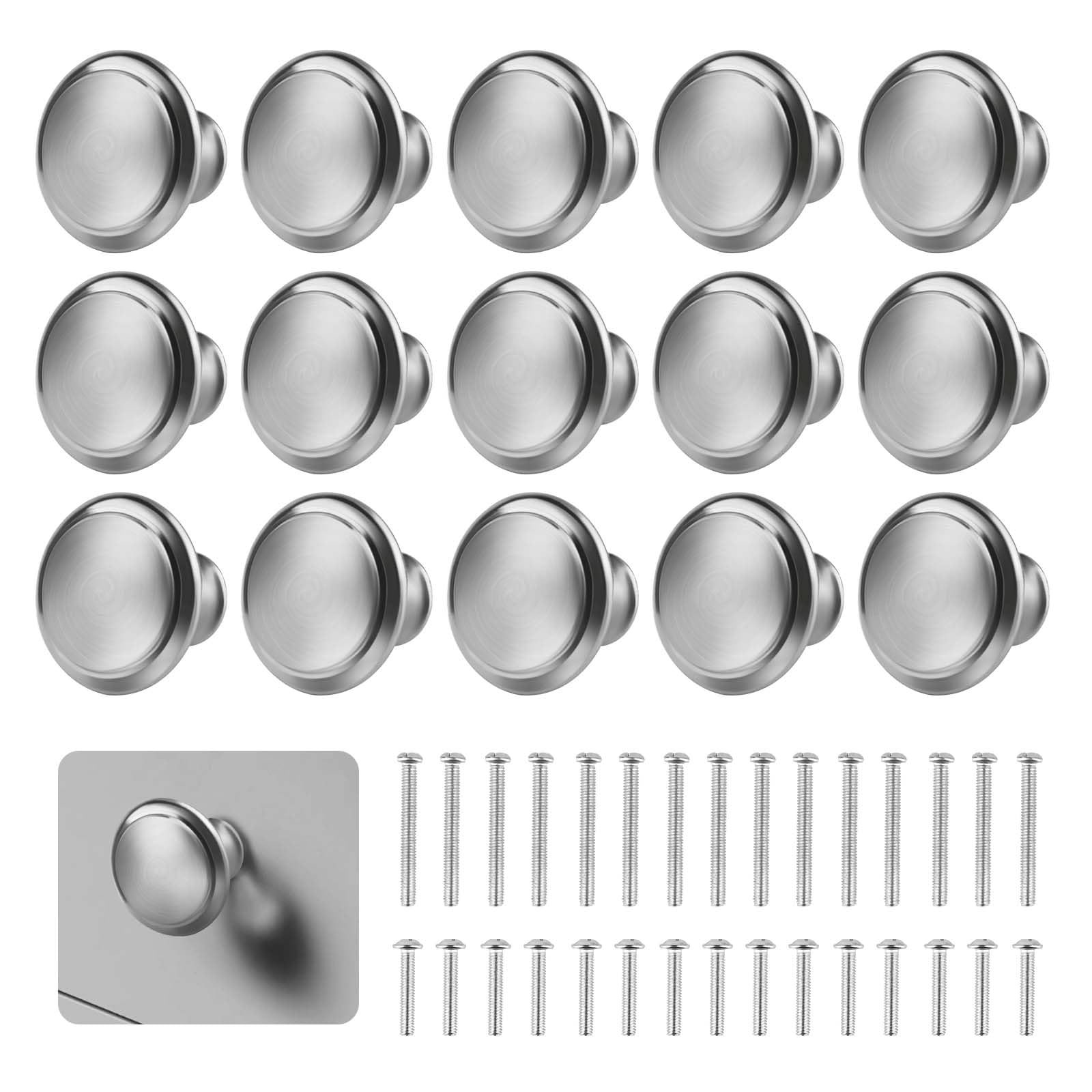 PENCHUAN 15PCS Cabinet Door Knobs, 27mm Silver Round Brushed Metal Knobs, Drawer Pull Handle with 30 Long Short Screws for Cabinets, Drawers, Wardrobes, and Kitchen Cupboards Furniture