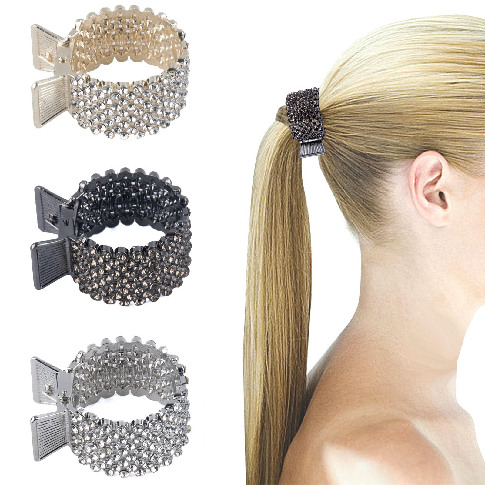 GWAWG 3 PCS Small Crystal Hair Clips for Women Diamante Sparkly High Ponytail Holder Hair Claw Hair Clips Barrettes Grips Crystal Hairpins Elegant Hair Accessories for Girls Women
